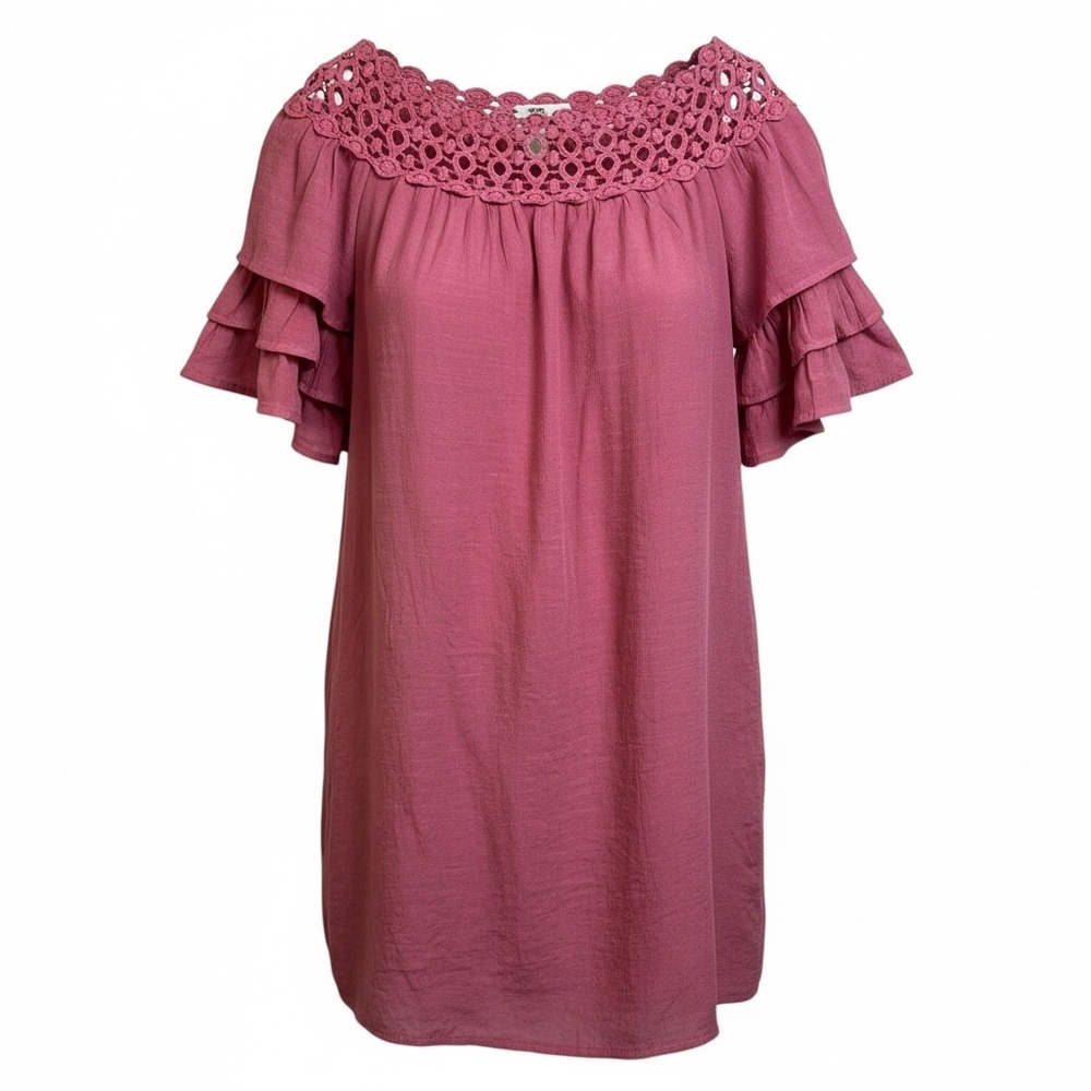 Entro Pink Crochet‎ Off Shoulder Ruffle Sleeve Tunic Dress M Cottagecore